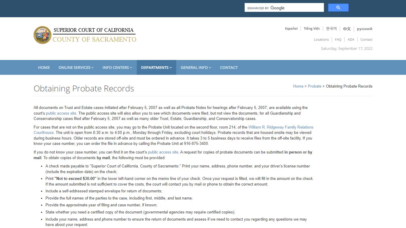 Probate Records: Sacramento Superior Court - California