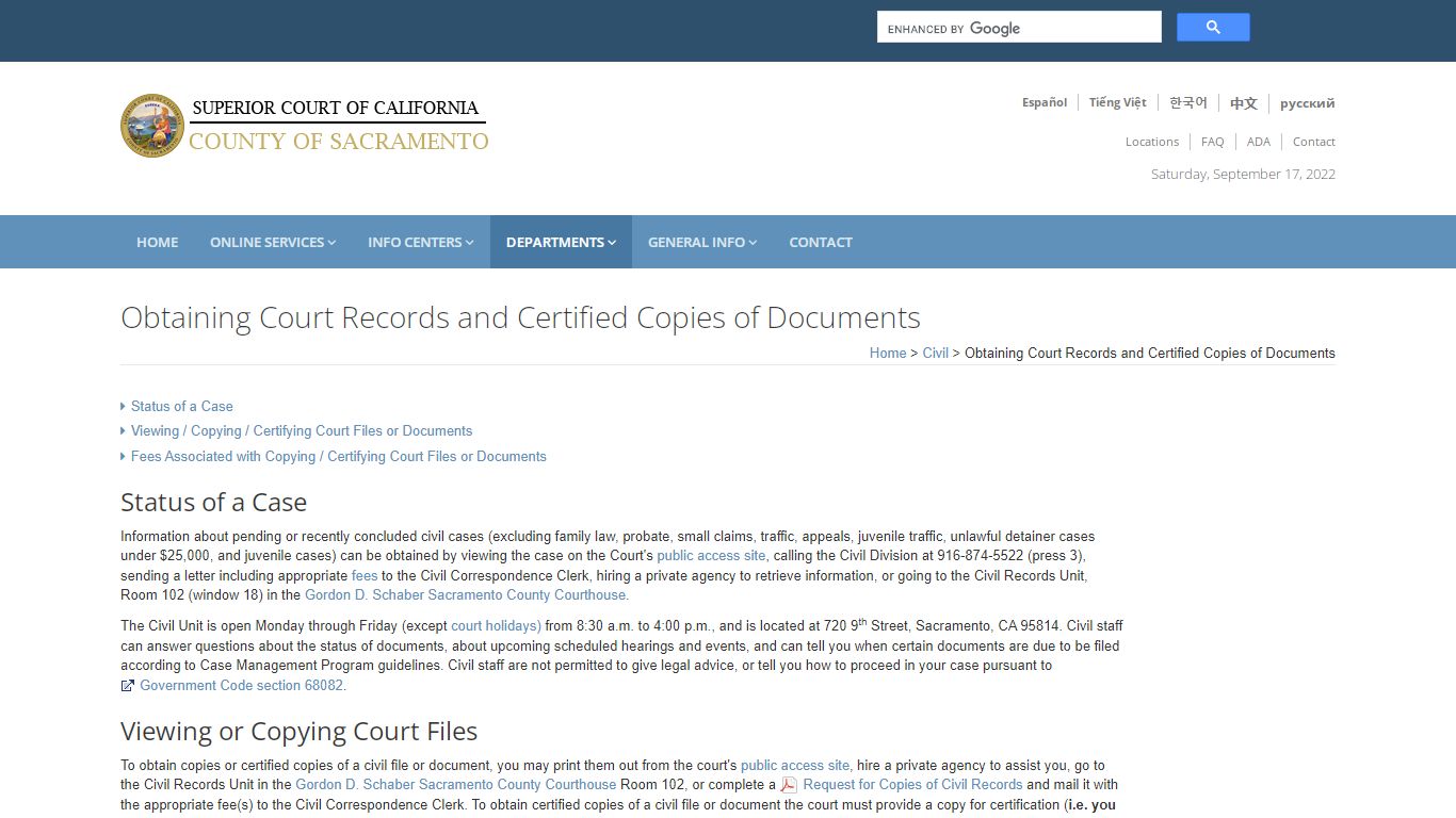 Civil Obtain Status/Copies of Cases: Sacramento Superior Court - California